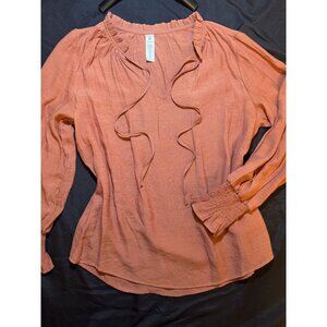 Rust Orange Long-Sleeve Blouse With Ruffle Neckline‎ & Smocked Cuffs